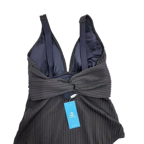 Black Ribbed One-Piece Swimsuit  Plunge Neckline Waist Detail Cupshe  Size S - Picture 9 of 9